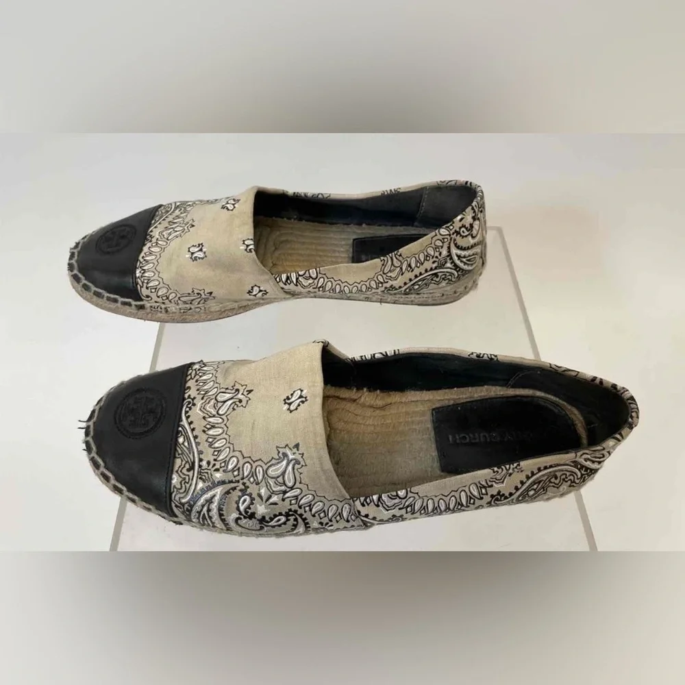 TORY BURCH IVORY AMERICANA BANDANA‎ COLOR BLOCK FLAT ESPADRILLE 7.5